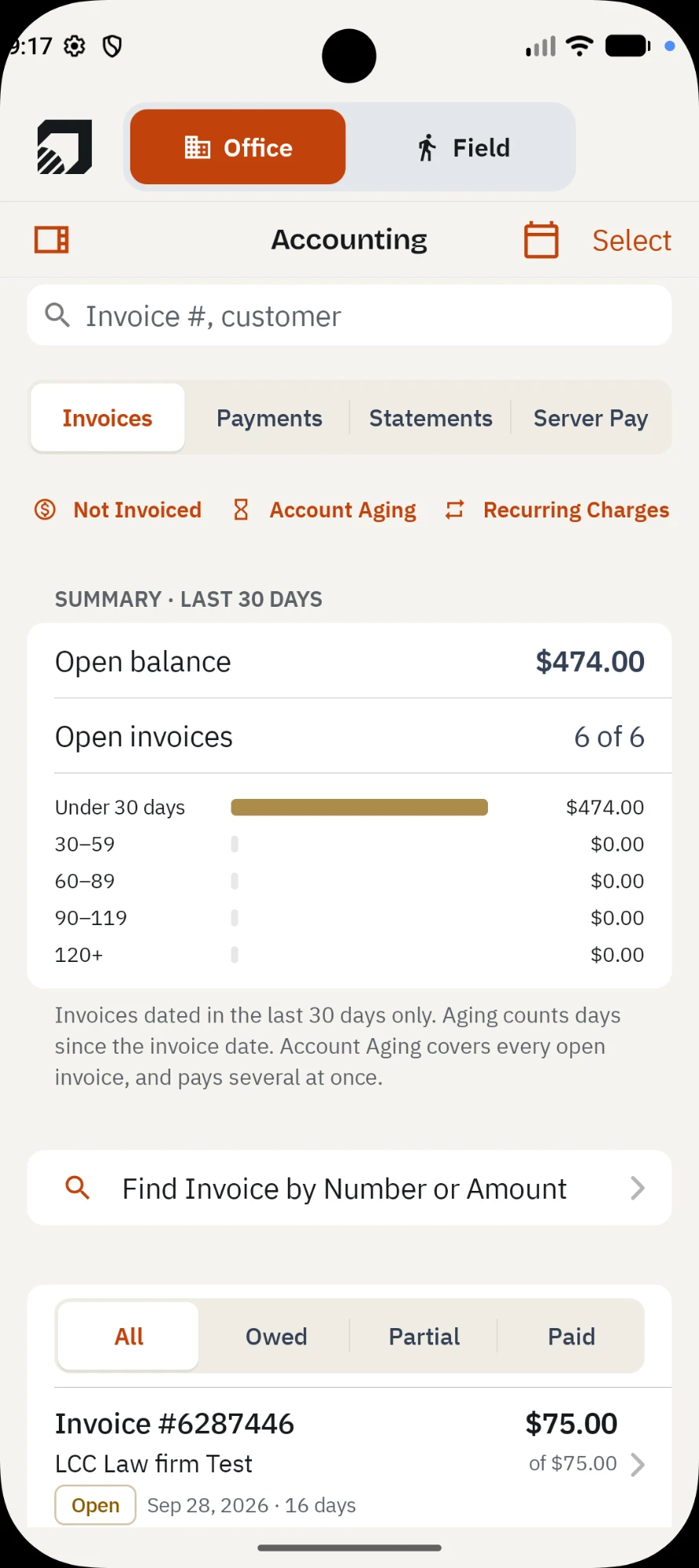 RocketServe app on Android, Office side: Accounting with Invoices, Payments, Statements and Server Pay tabs; Not Invoiced, Account Aging and Recurring Charges links; a Summary · last 30 days card with Open balance $474.00, Open invoices 6 of 6 and aging bars for Under 30 days, 30–59, 60–89, 90–119 and 120+; a Find Invoice by Number or Amount row; an All, Owed, Partial, Paid filter; and invoice #6287446 for $75.00, marked Open.