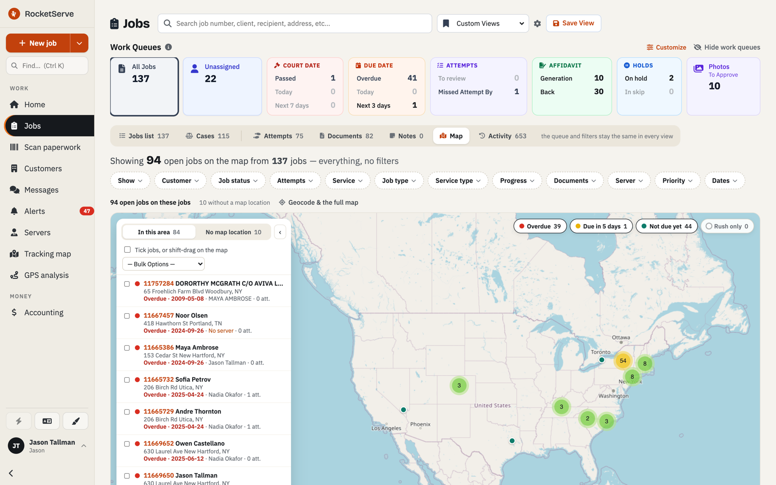 Map view side list header: In this area 84, No map location 10, the instruction Tick jobs, or shift-drag on the map, and a Bulk Options menu.